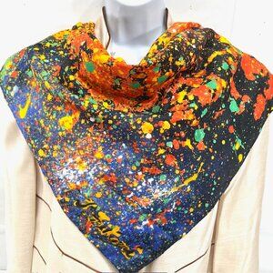 J.FUKAMI silk scarfsatin 35"x35" black blue green yellow paint speckle splash(50